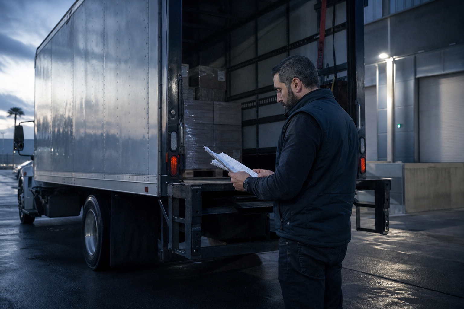 Owner-operator reviewing a freight manifest beside a loaded box truck