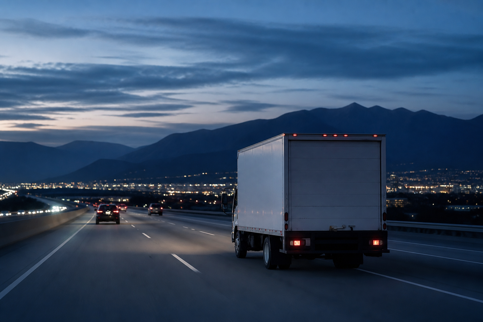 Regional box truck traveling on a California freeway at dusk